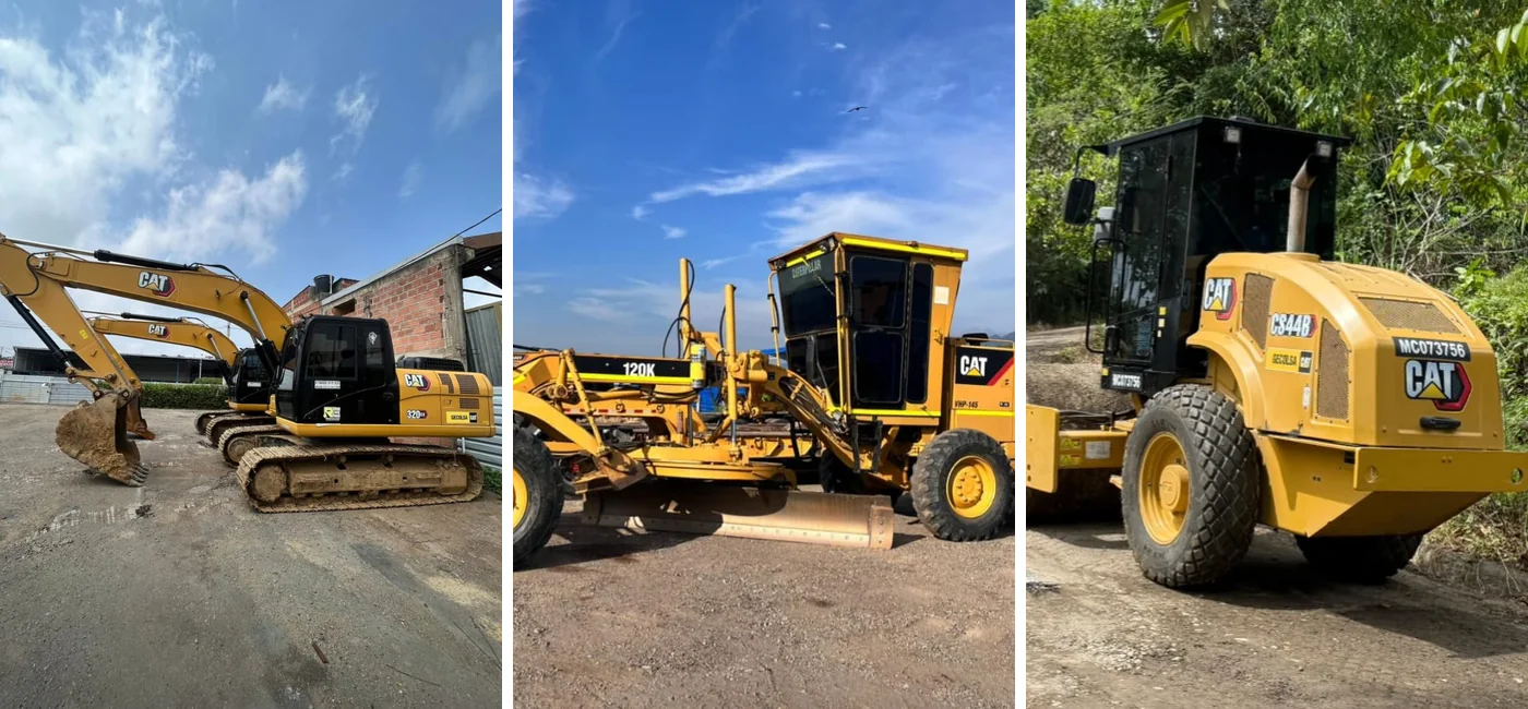 Retroexcavadora, motoniveladora y vibrocompactador en campo